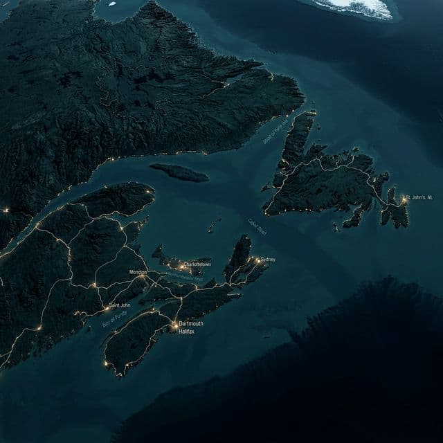 Satellite map of Atlantic Canada — Nova Scotia, New Brunswick, PEI and Newfoundland.