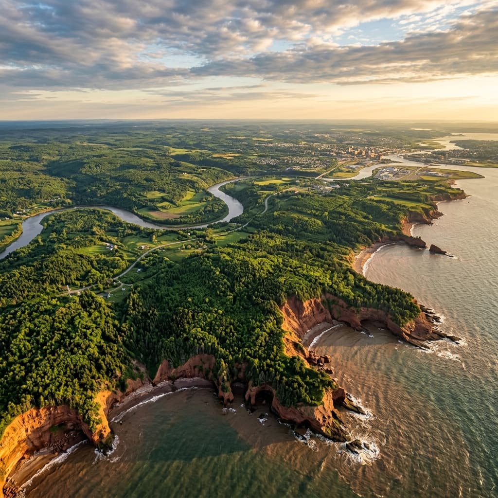 Aerial view of New Brunswick Bay of Fundy coastline with red cliffs and Acadian forests