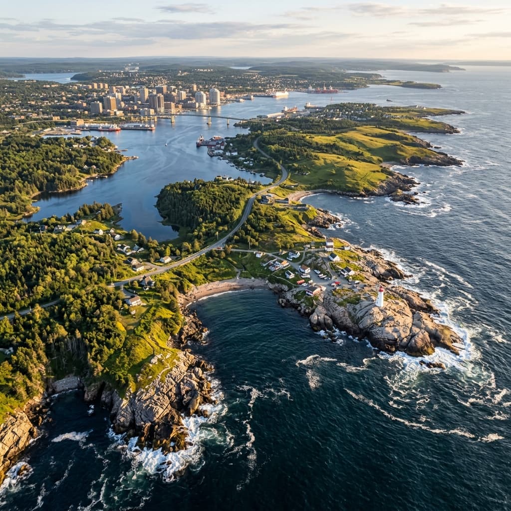 Aerial view of Nova Scotia coastline near Halifax with lighthouse and harbour