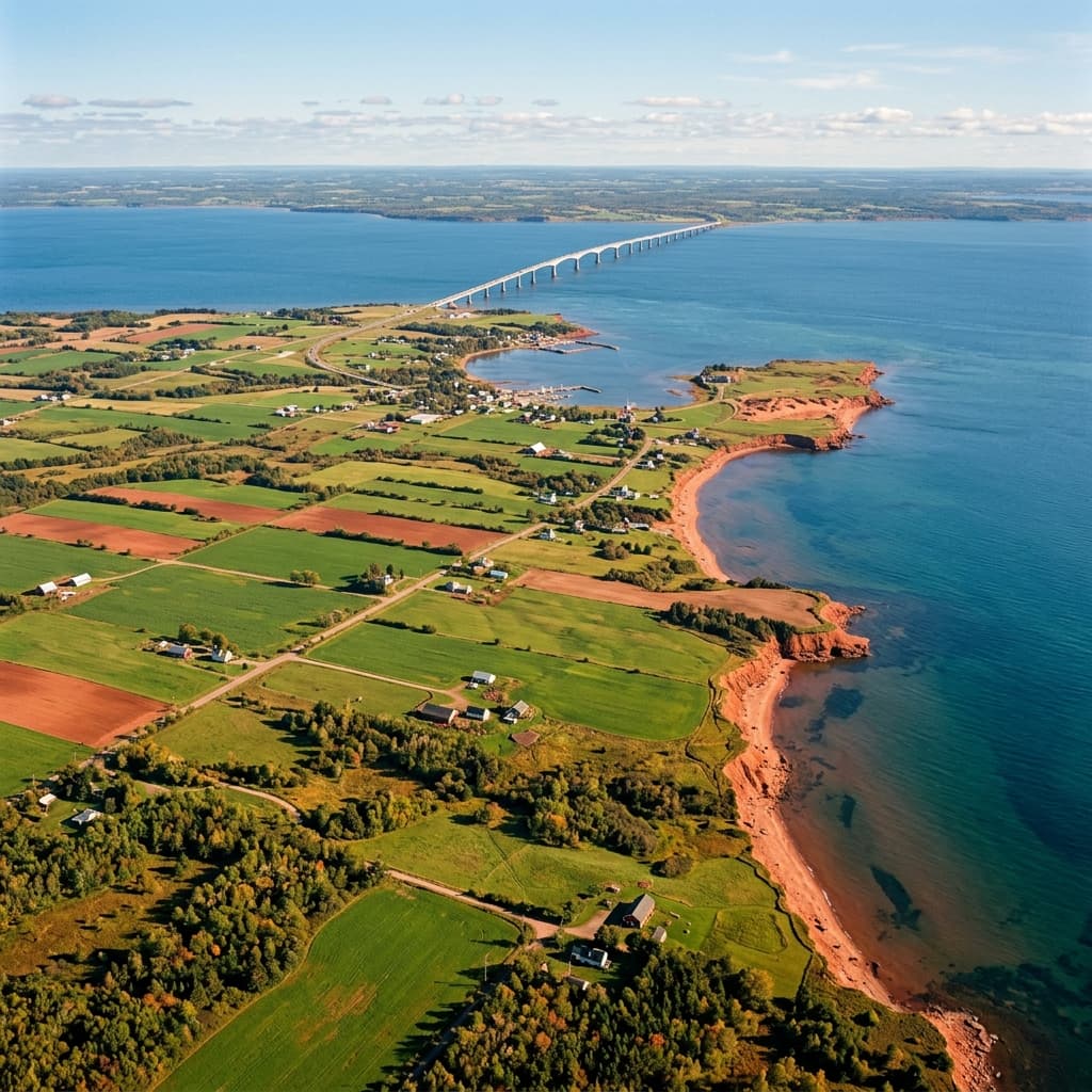 Aerial view of Prince Edward Island showing Confederation Bridge, red sand beaches and farm fields