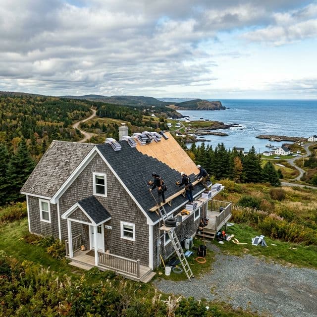 New roof being installed on Atlantic Canadian home.